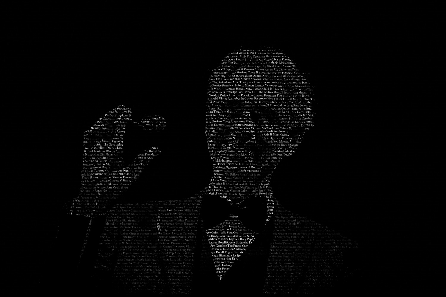 Portrait of Andrea Bocelli shown as white letters on a black background