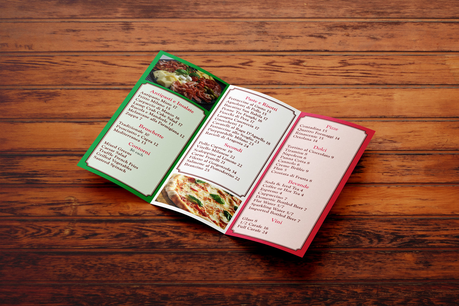 Pasta Amore brochure inside design mockup