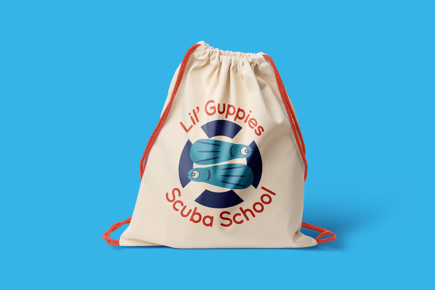Lil' Guppies white backpack on blue background