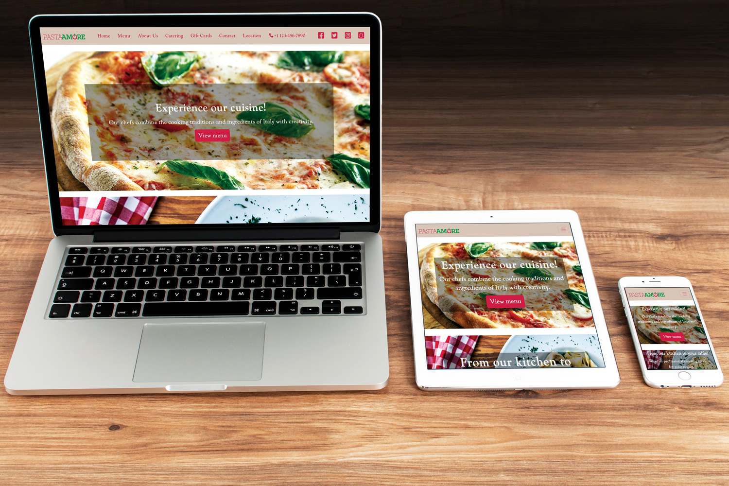 Pasta Amore website desktop, tablet and mobile mockup
