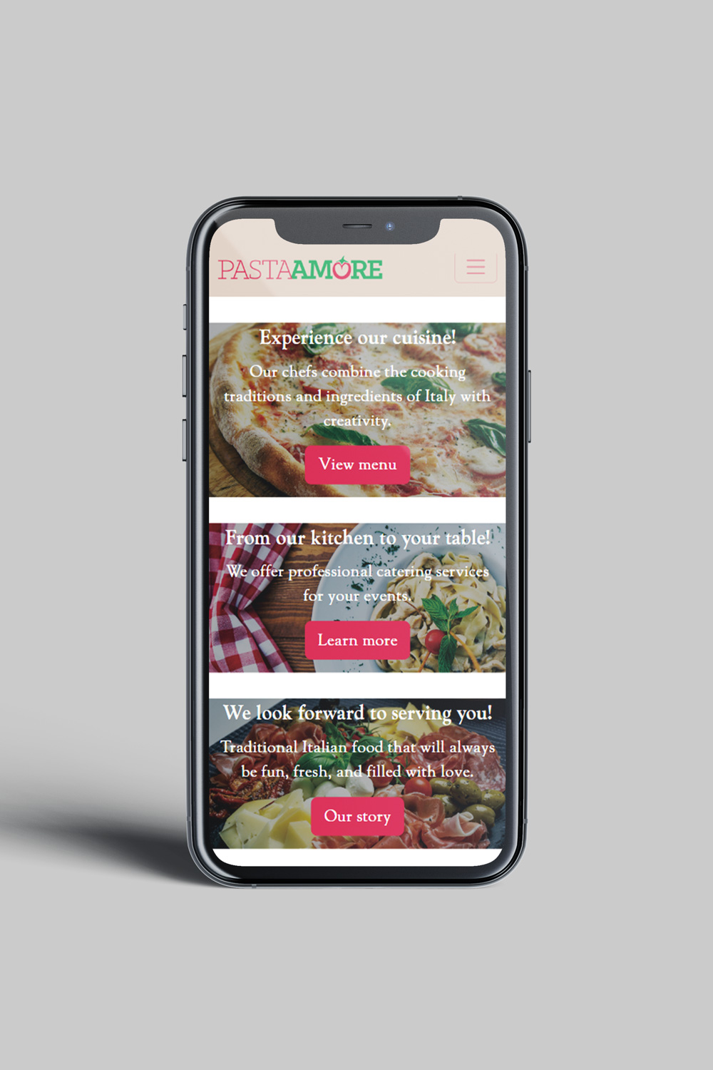 Pasta Amore website mobile mockup